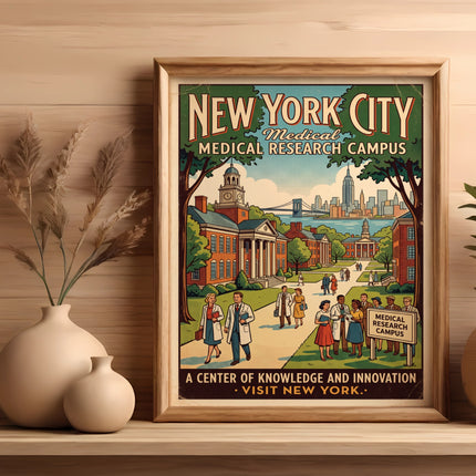 New York City Medical Research Campus poster with cityscape, buildings, and people.