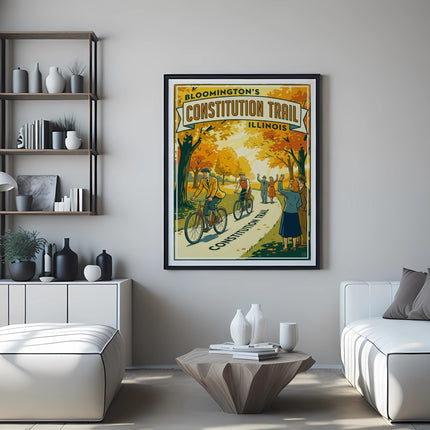 Vintage poster of Constitution Trail in Bloomington, Illinois with cyclists.