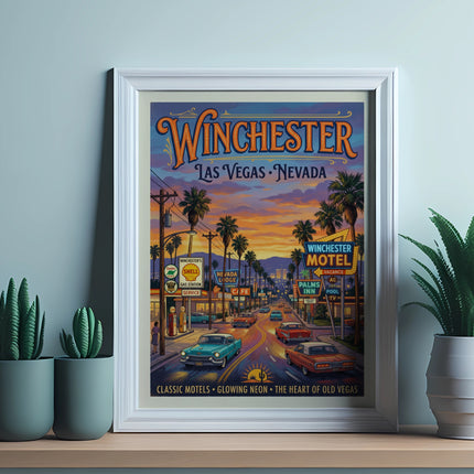 Vintage poster of Winchester, Las Vegas, Nevada with classic cars, motels, and neon signs.