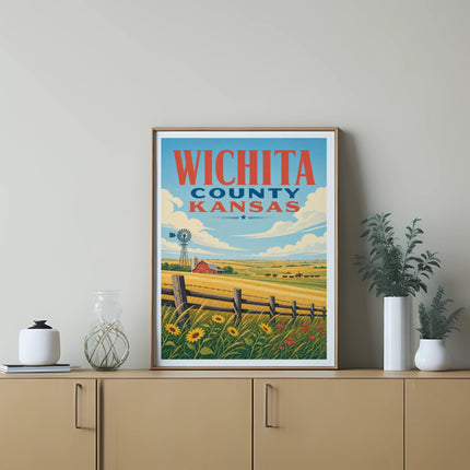 Wichita County, Kansas retro travel poster with windmill, sunflowers, and cattle.