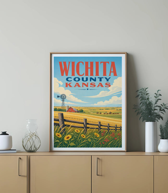 Wichita County, Kansas retro travel poster with windmill, sunflowers, and cattle.