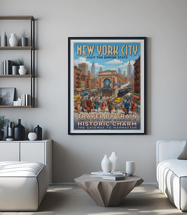 New York City travel poster featuring Grand Central Terminal and vintage city scenes.
