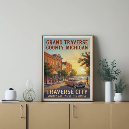 Grand Traverse County, Michigan poster showing Traverse City with a vintage car.