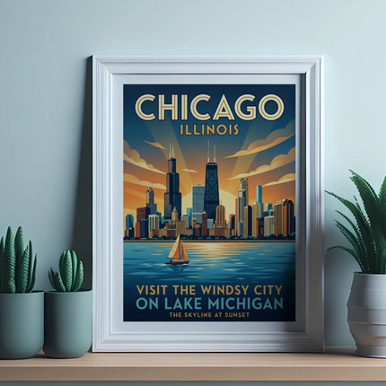 Vintage Chicago skyline poster on Lake Michigan at sunset.
