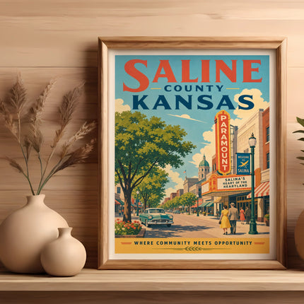 Vintage travel poster for Saline County, Kansas featuring the Paramount theater.