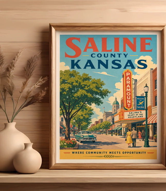 Vintage travel poster for Saline County, Kansas featuring the Paramount theater.