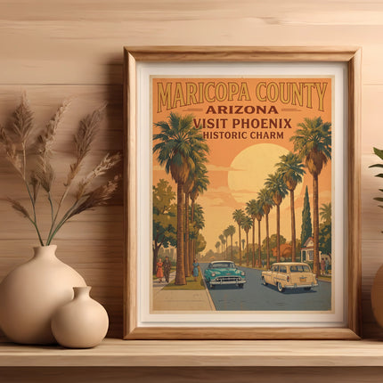 Vintage Maricopa County Arizona travel poster with palm trees and classic cars.
