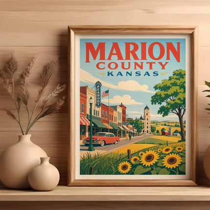 Framed art print depicting Marion County, Kansas with a vintage car and sunflowers.