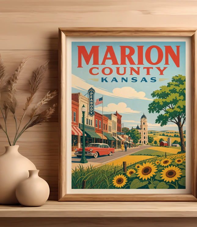 Framed art print depicting Marion County, Kansas with a vintage car and sunflowers.