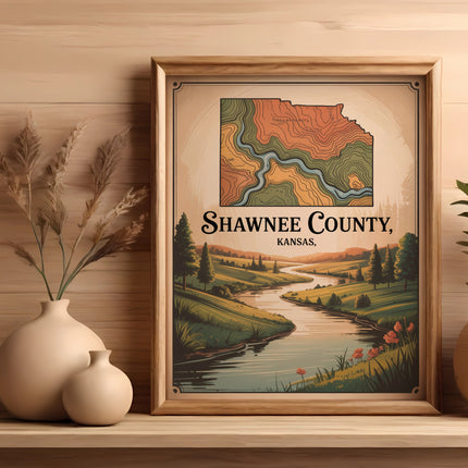 Framed map of Shawnee County, Kansas, with a river and landscape.