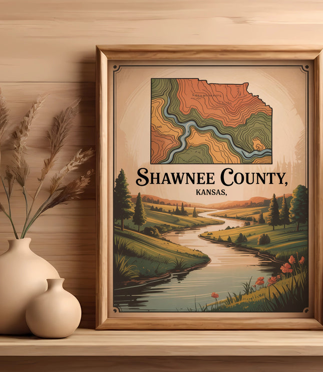 Framed map of Shawnee County, Kansas, with a river and landscape.