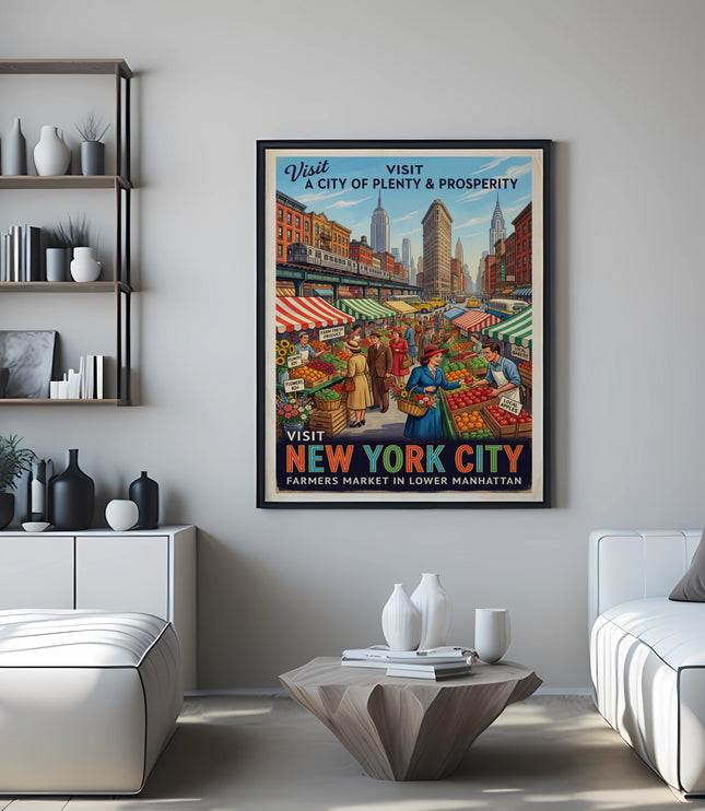 Vintage "Visit New York City Farmers Market in Lower Manhattan" poster.