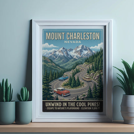 Mount Charleston Nevada vintage travel poster with mountains and winding road.