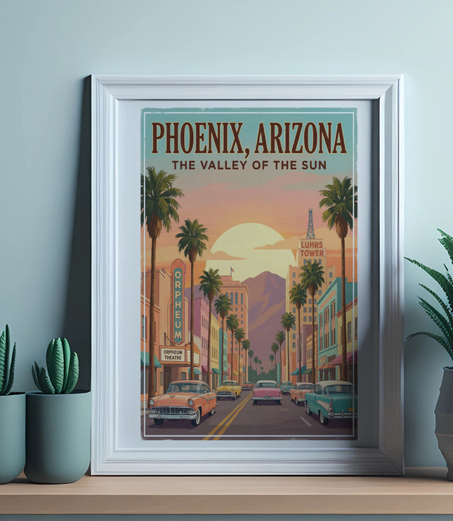 Phoenix, Arizona "The Valley of the Sun" vintage travel poster framed on a shelf.