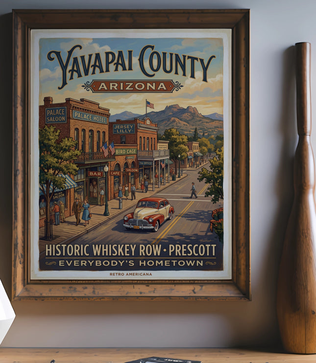 Poster of Yavapai County, Arizona, showing Historic Whiskey Row in Prescott with vintage buildings.
