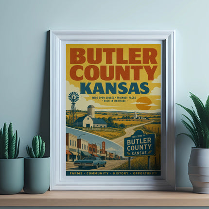 Butler County, Kansas vintage travel poster with farms and buildings.