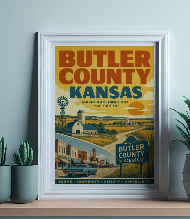 Butler County, Kansas vintage travel poster with farms and buildings.