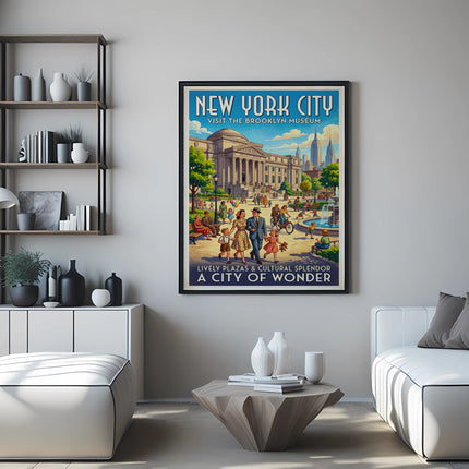 New York City poster with Brooklyn Museum, lively plazas, and cultural splendor.
