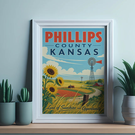 Phillips County Kansas vintage travel poster with sunflowers and windmill.