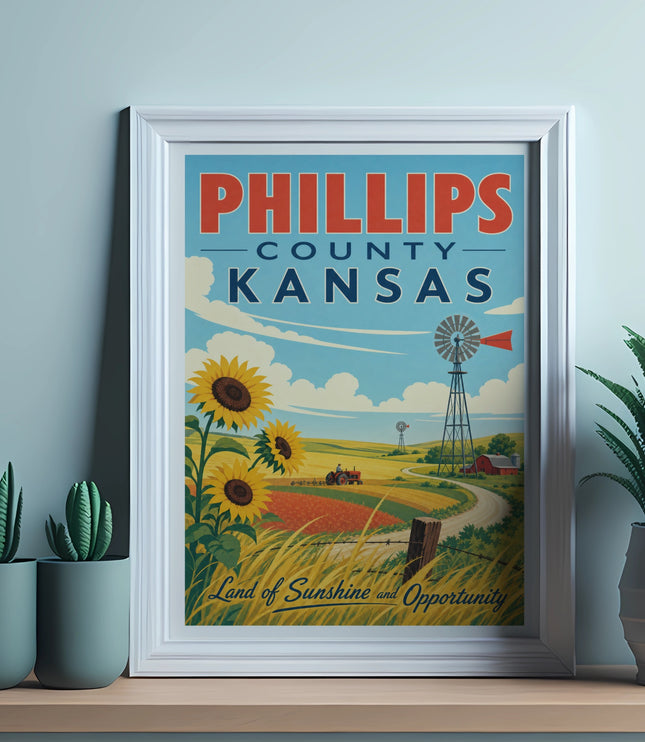 Phillips County Kansas vintage travel poster with sunflowers and windmill.