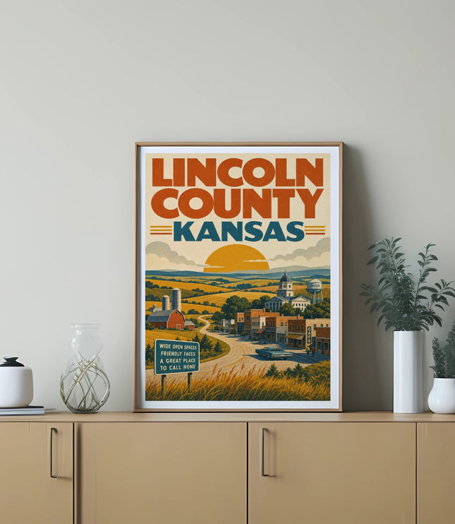 Lincoln County Kansas vintage travel poster with text.