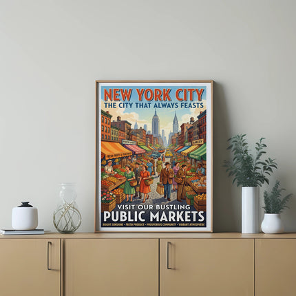 New York City Public Markets poster with bustling street scene and market stalls.