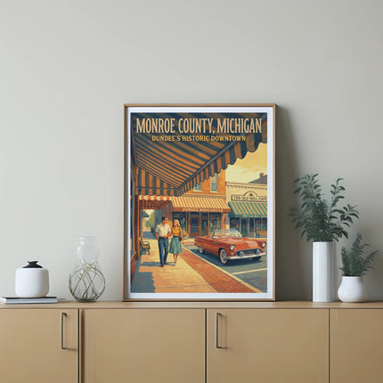 Monroe County, Michigan poster with couple and vintage car on Dundee's historic downtown.