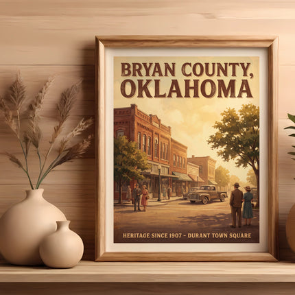 Bryan County, Oklahoma vintage travel poster with street scene and text.