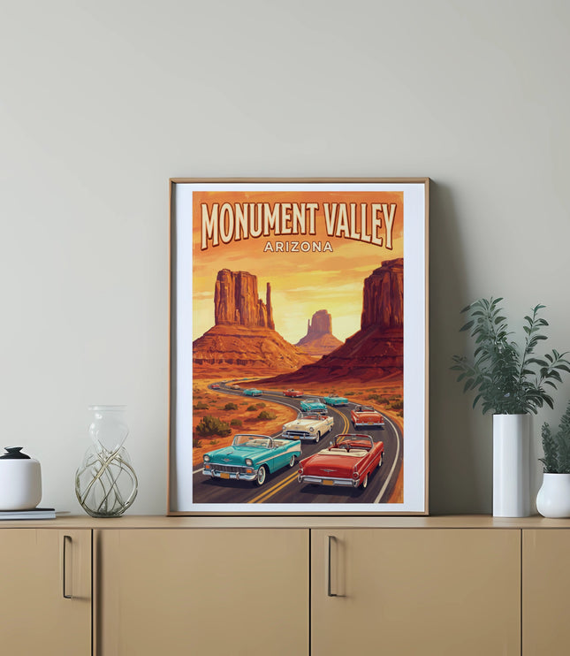 Monument Valley Arizona vintage poster with classic convertibles driving on a winding road.