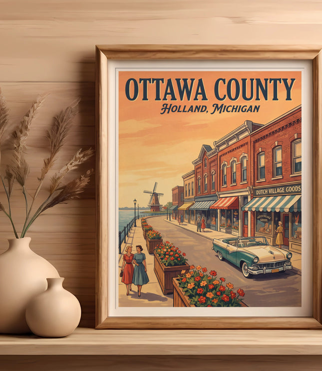 Vintage poster of Ottawa County Holland, Michigan with street scene and text.