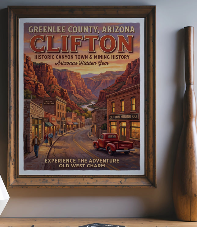 Vintage print of Clifton, Arizona, with canyon scenery, historic buildings, and a red truck.