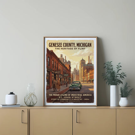 Genesee County, Michigan poster depicting St. John Street in 1950s Flint.