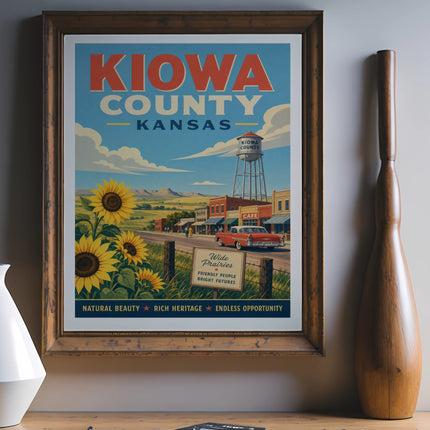 Vintage Kiowa County, Kansas travel poster with sunflowers, town scene, and slogan.