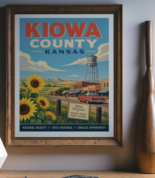 Vintage Kiowa County, Kansas travel poster with sunflowers, town scene, and slogan.