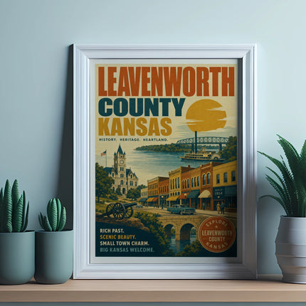 Leavenworth County, Kansas vintage travel poster with historical landmarks and text.