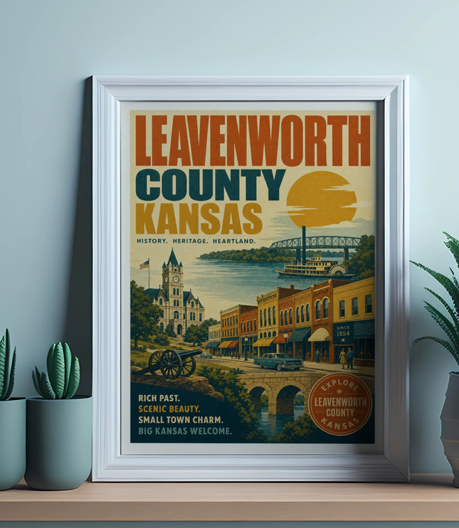 Leavenworth County, Kansas vintage travel poster with historical landmarks and text.