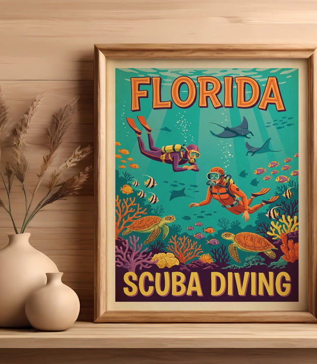 Florida Scuba Diving poster with divers, sea turtles, manta rays, and fish.