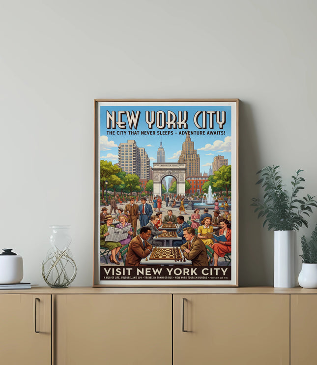 New York City poster with Washington Square Arch and people playing chess.