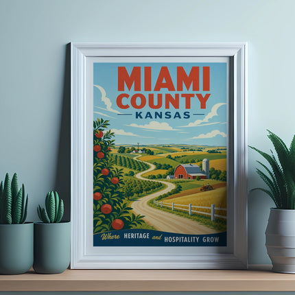 Vintage Miami County Kansas poster with farm scene and text.