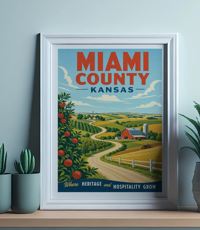 Vintage Miami County Kansas poster with farm scene and text.