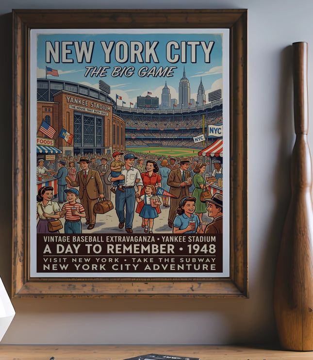 New York City The Big Game vintage poster 1948 Yankee Stadium and crowd.