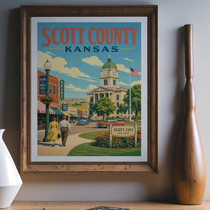 Scott City, Kansas retro travel poster with courthouse and storefronts.