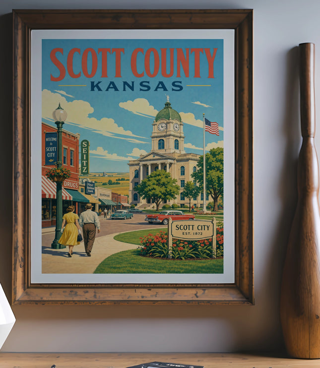 Scott City, Kansas retro travel poster with courthouse and storefronts.