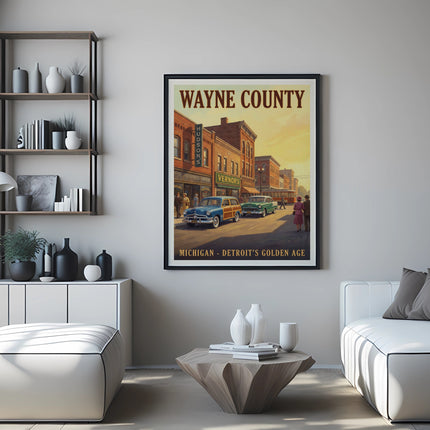"Wayne County, Michigan - Detroit's Golden Age" poster featuring vintage cars and buildings.
