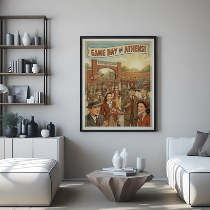 Poster depicting a vintage scene of fans heading to Sanford Stadium on game day.