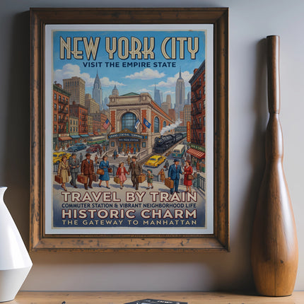 New York City travel poster featuring Grand Central Terminal and text.