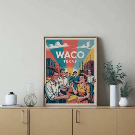 Waco Texas retro poster with smiling people in a colorful scene.