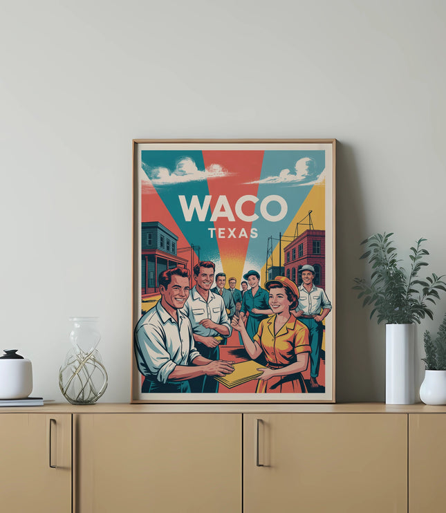 Waco Texas retro poster with smiling people in a colorful scene.