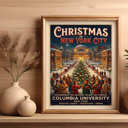 Christmas in New York City Columbia University poster with festive holiday scene.