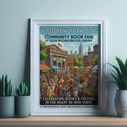New York City Community Book Fair poster with "Visit New York City" text.
